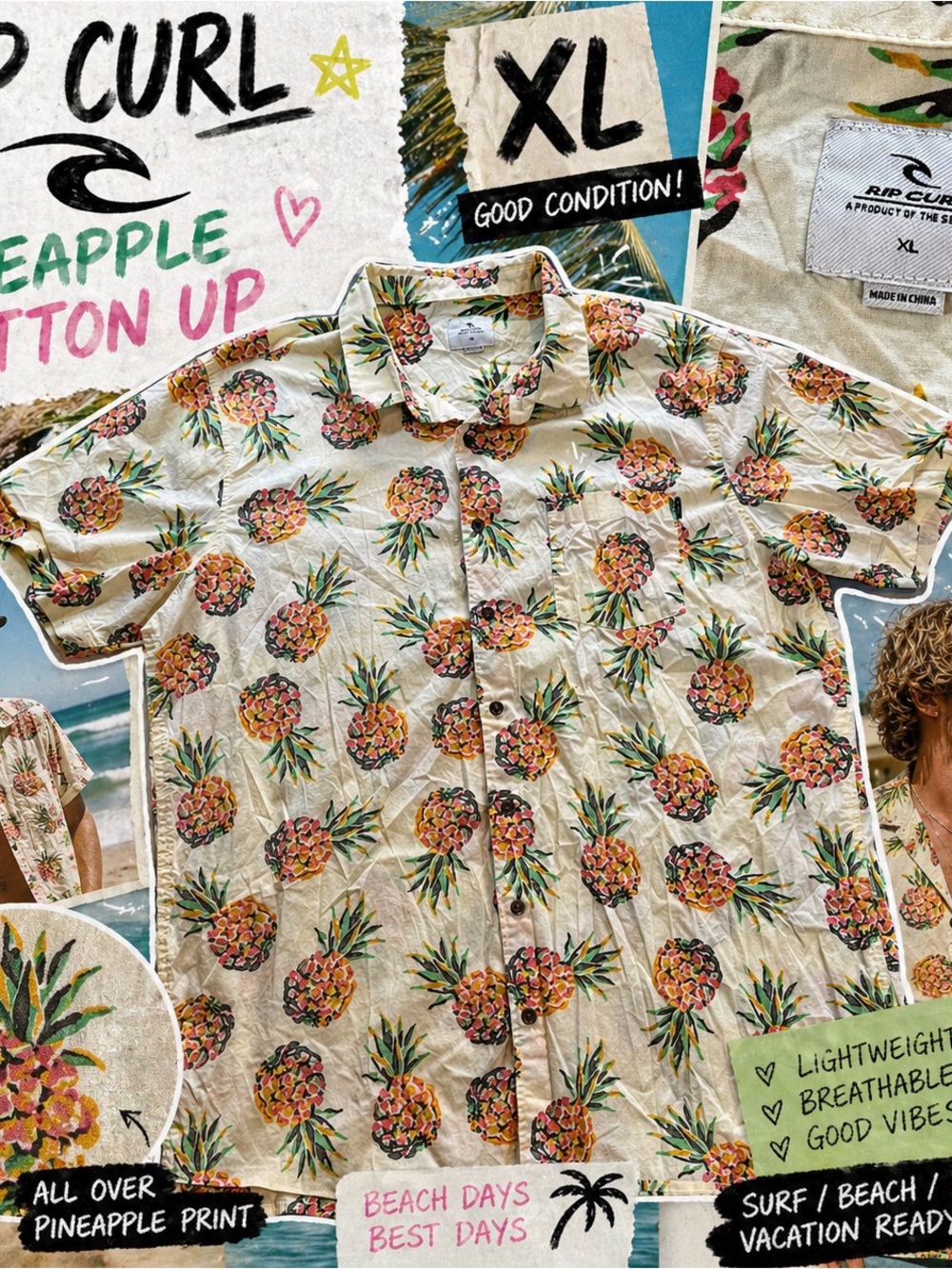 Rip Curl Cream Floral Short-Sleeve Button-Up Shirt size XL Beachy Vibes